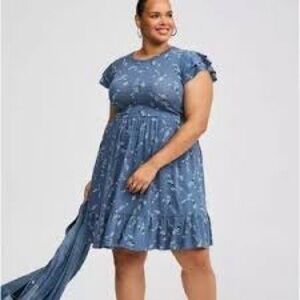 NWT Torrid Blue Floral Ruffle-Sleeve Tiered Midi Dress Sz 1X